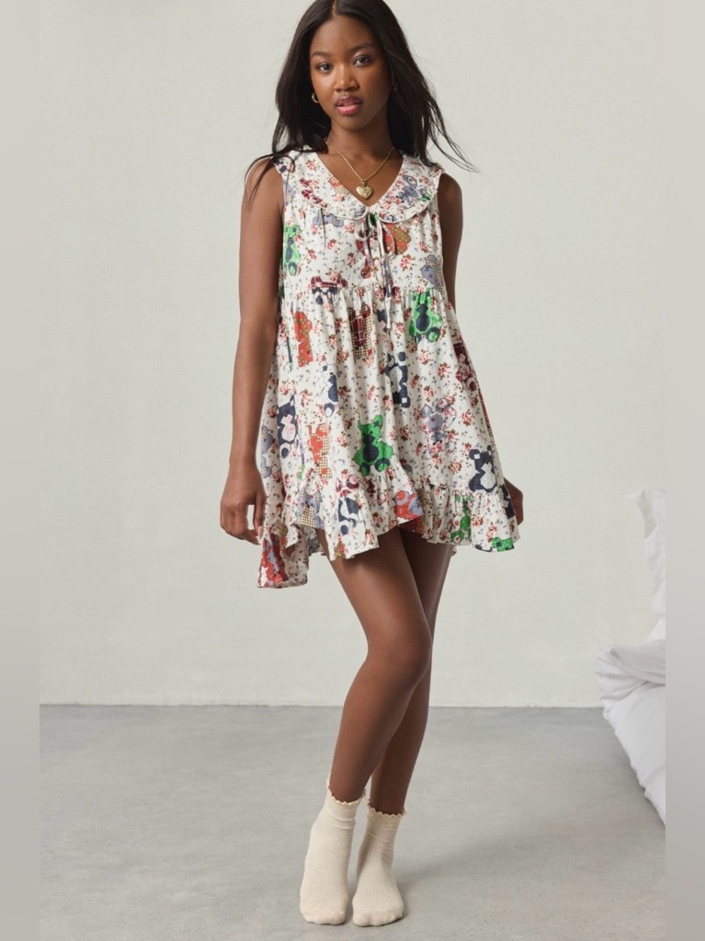 Urban Outfitters Cream Floral Ruffle-Trim Tie-Front Chemise
